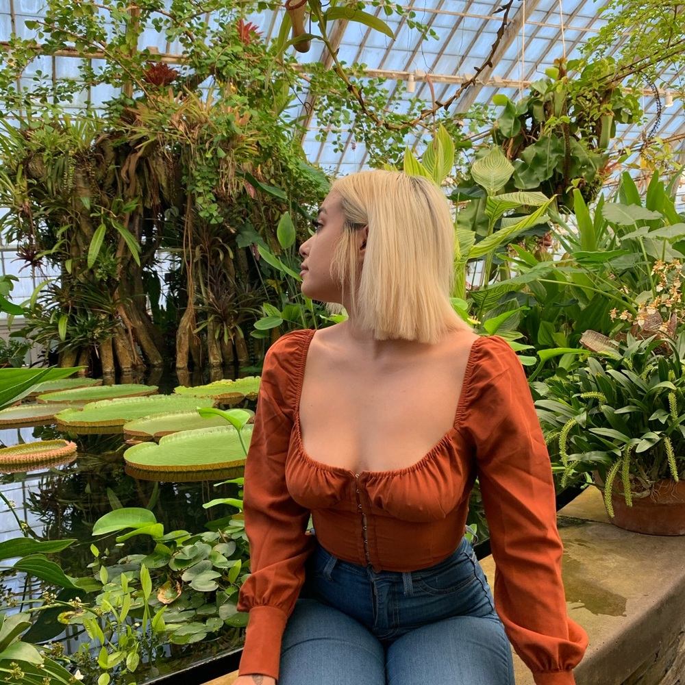 Orange button up top